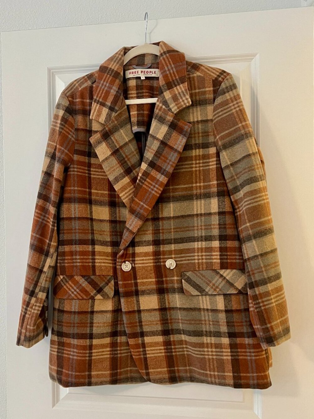 Anthropologie Free People Brown Plaid Double Breasted Blazer Jacket